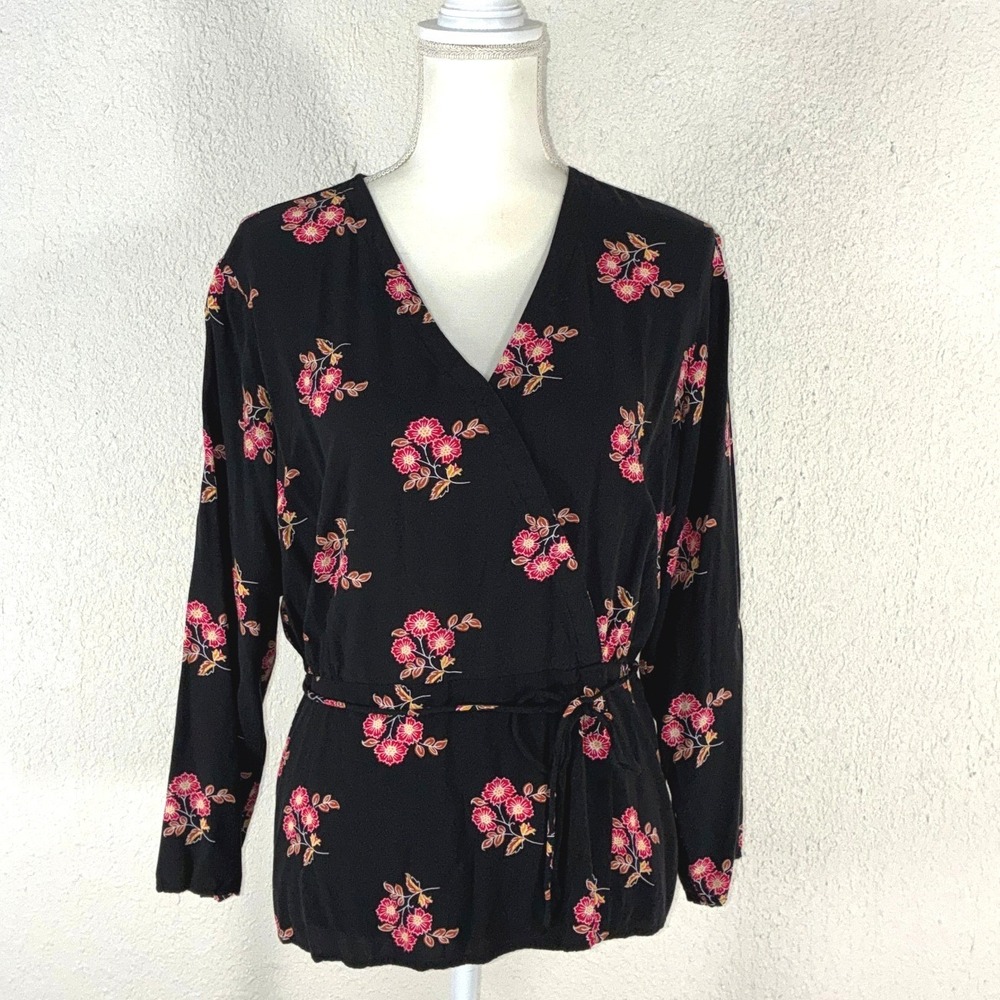 Old Navy Black Floral Wrap Top - Large - Long Sleeve V-Neck Boho Tie Waist